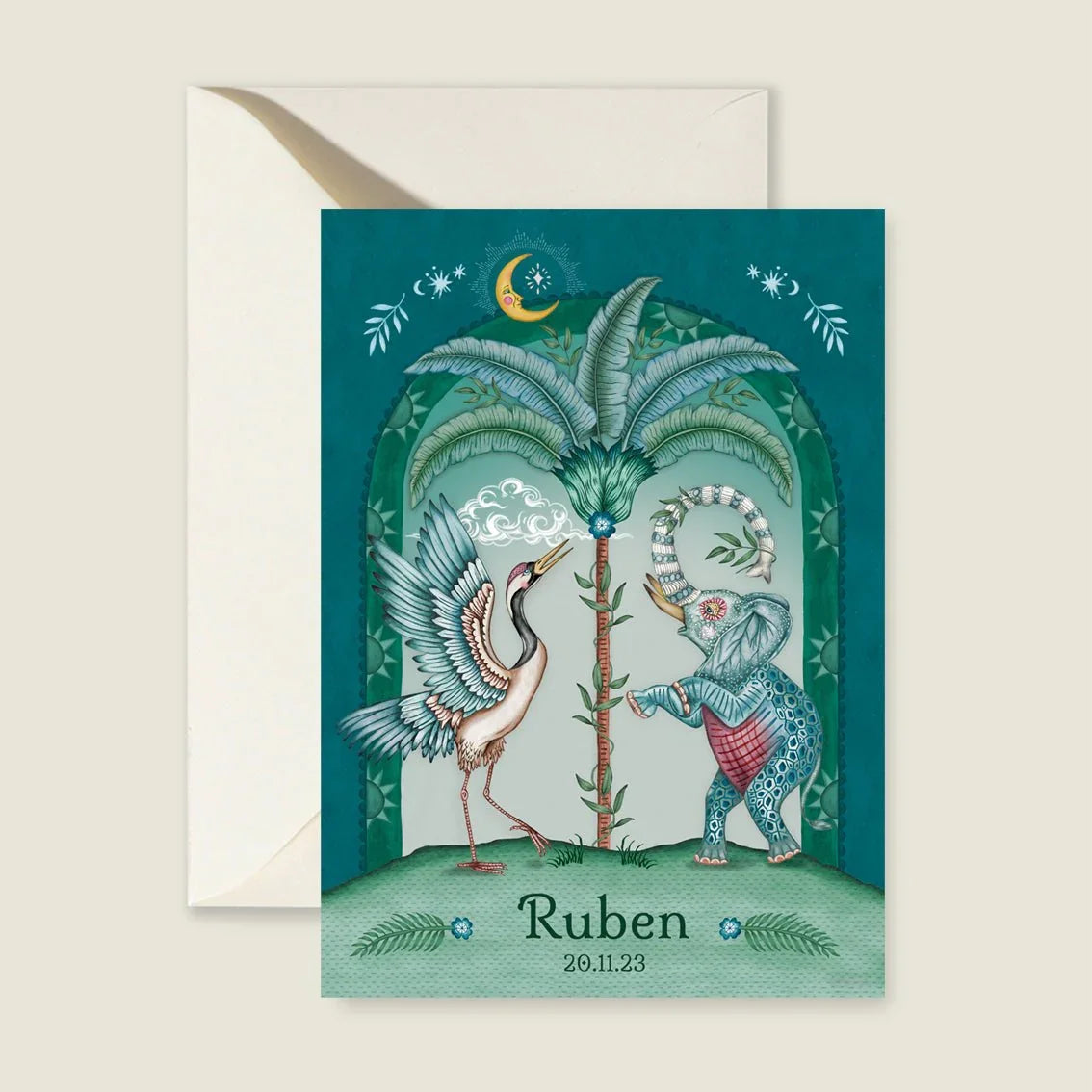 Geboortekaartje Crane Bird And Elephant Blue - Story of July