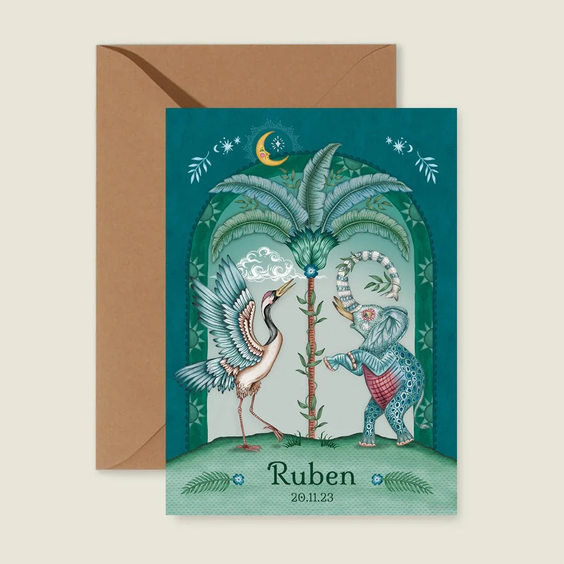 Geboortekaartje Crane Bird And Elephant Blue - Story of July