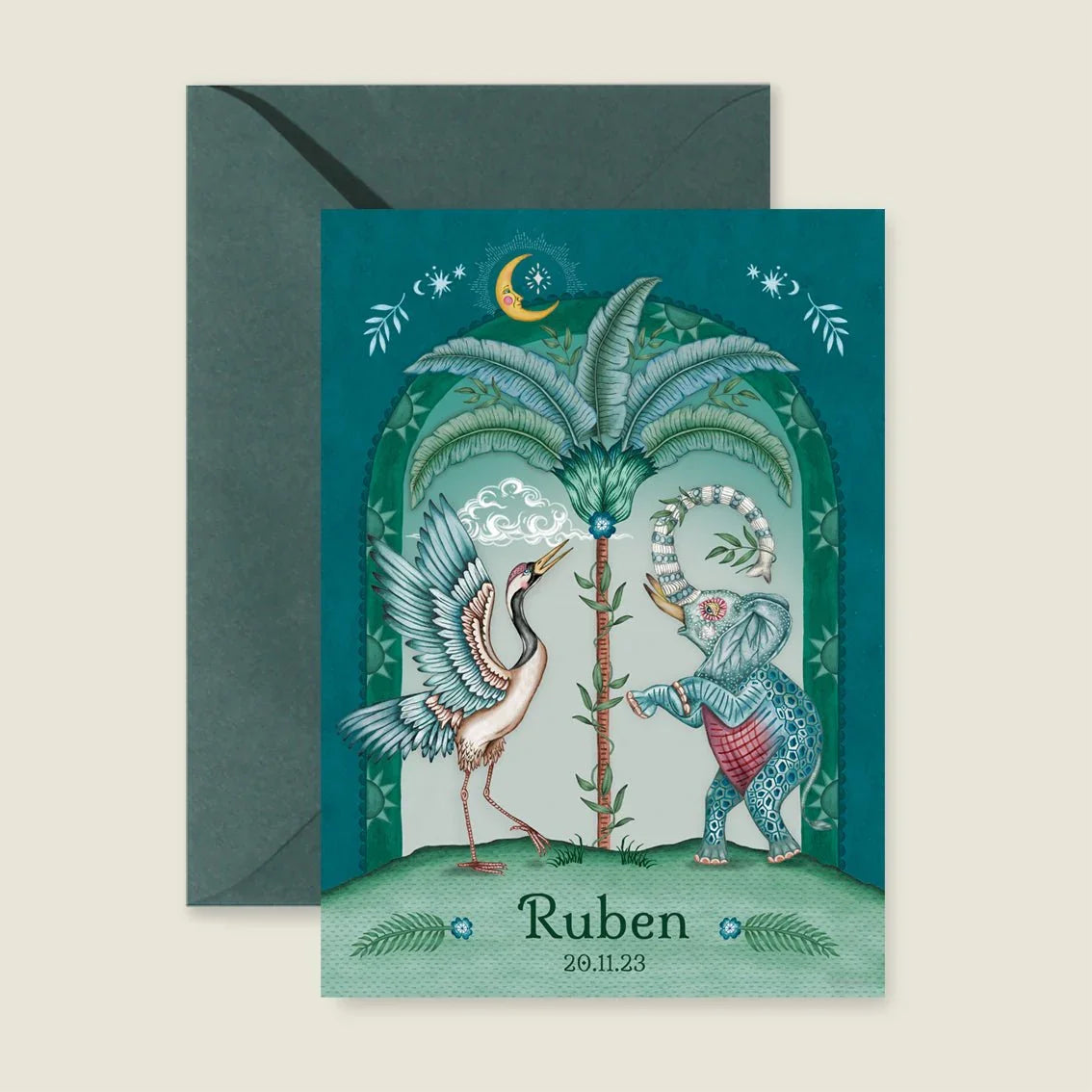 Geboortekaartje Crane Bird And Elephant Blue - Story of July