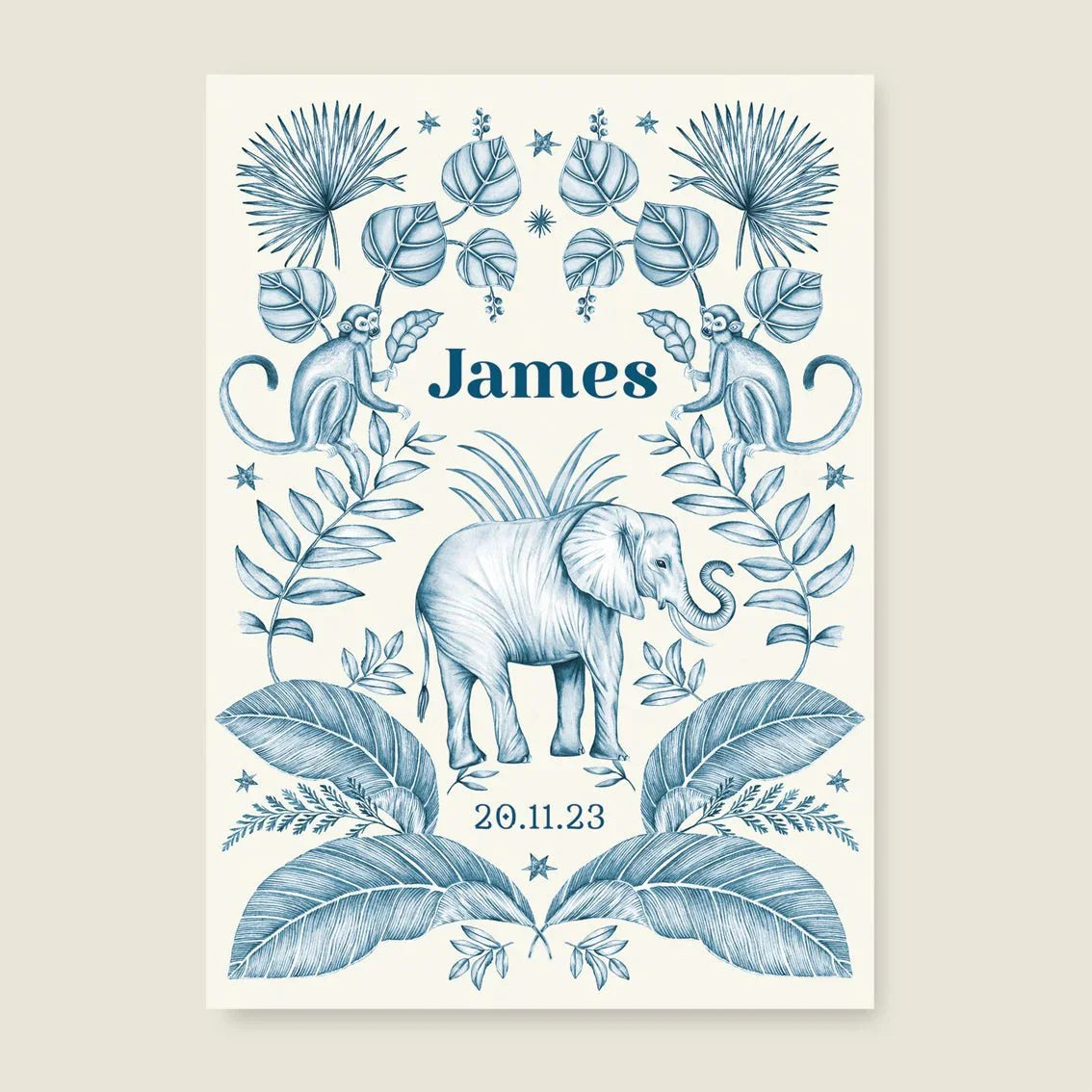 Geboortekaartje Elephant And The Monkey Blue - Story of July