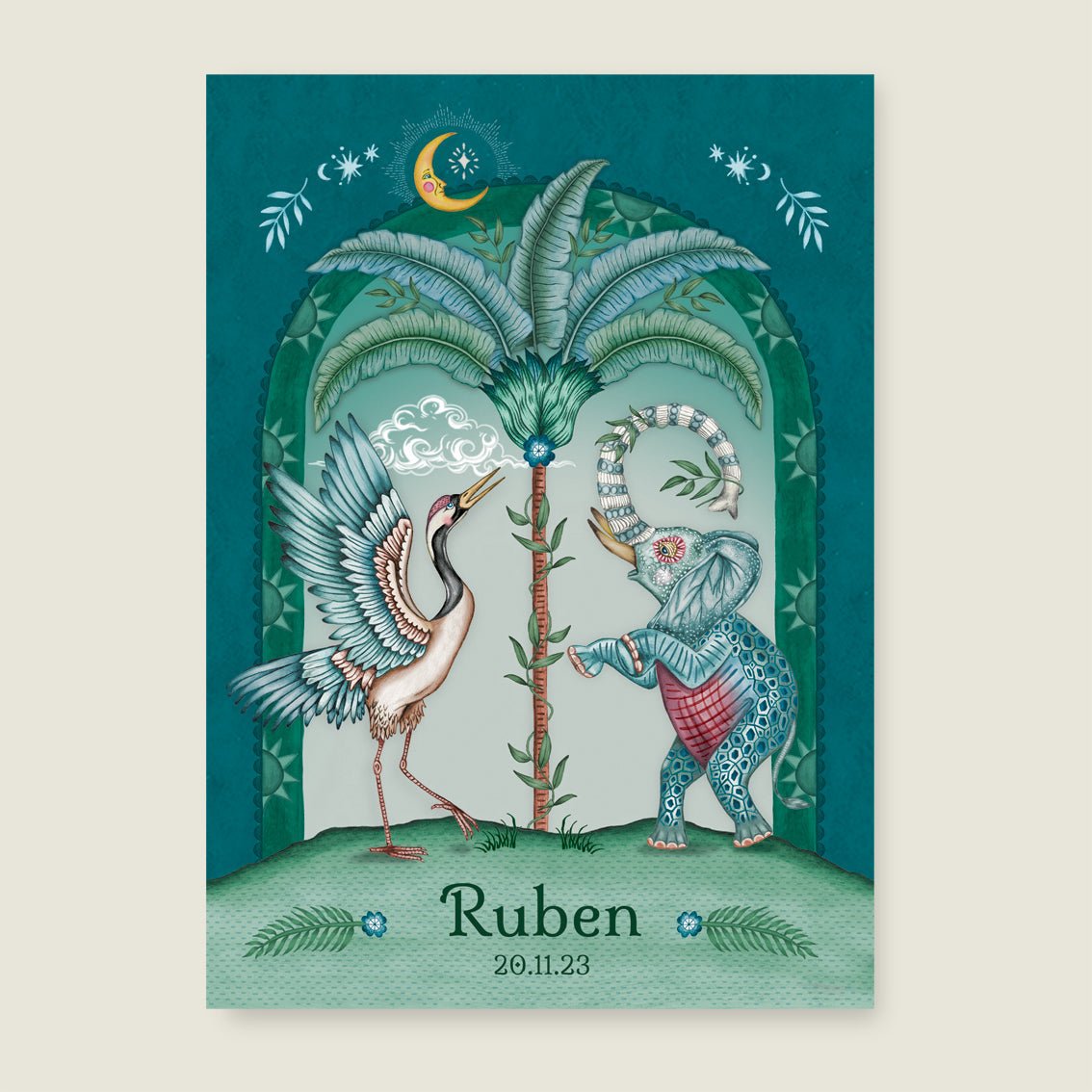 Print Crane Bird And Elephant Blue - Story of July