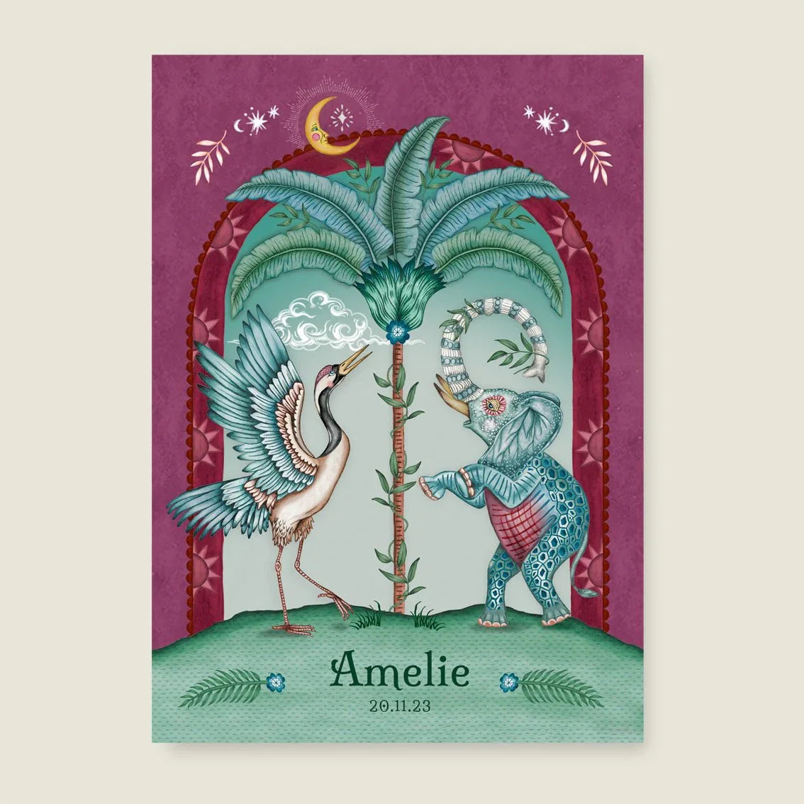 Print Crane Bird And Elephant Red - Story of July