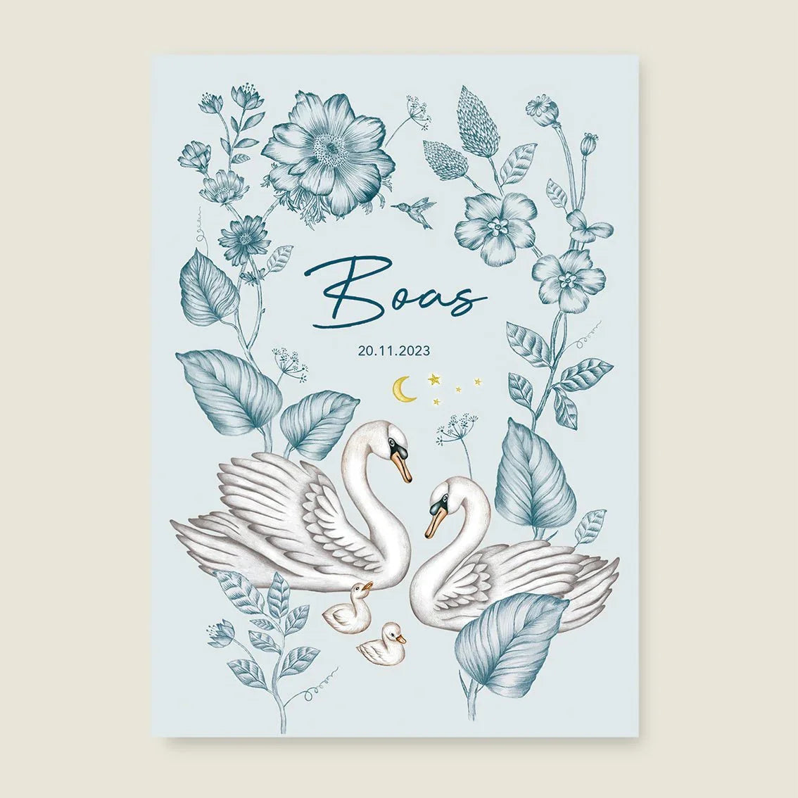 Print Swan Flowers Family Blue - Story of July