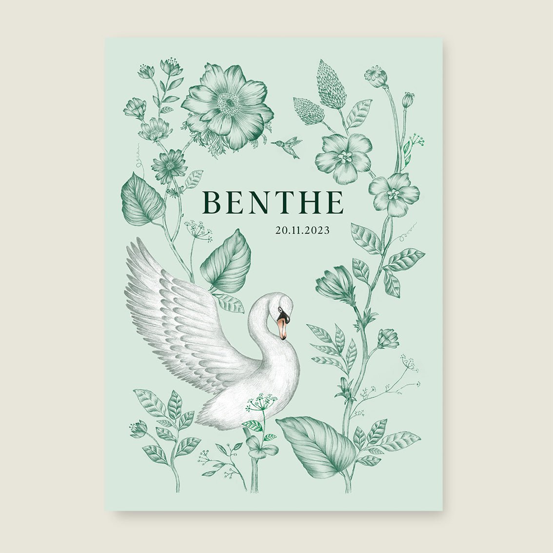 Print Swan Flowers Groen - Story of July