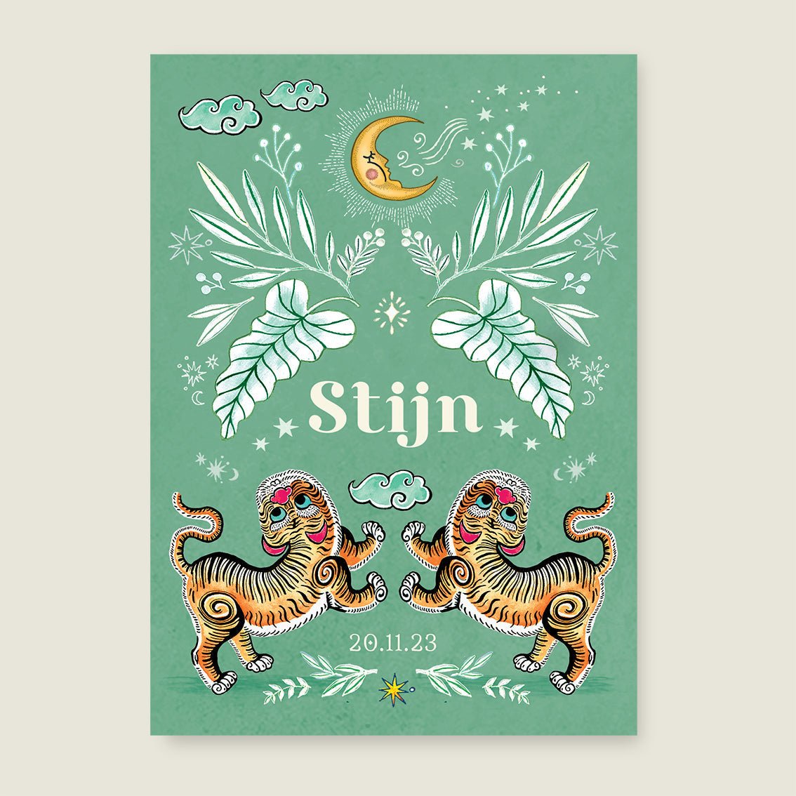 Print Two Pretty Tigers Groen - Story of July