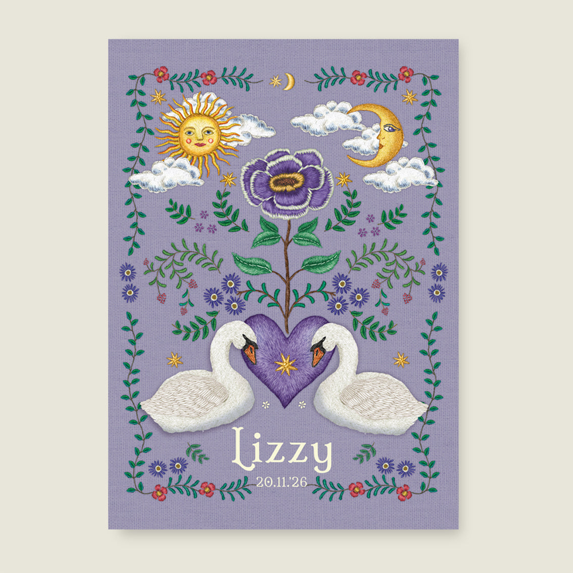Print Embroider flower swan lila