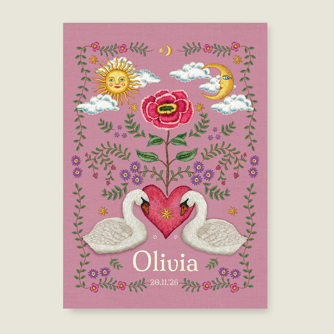 Print Embroider flower swan pink