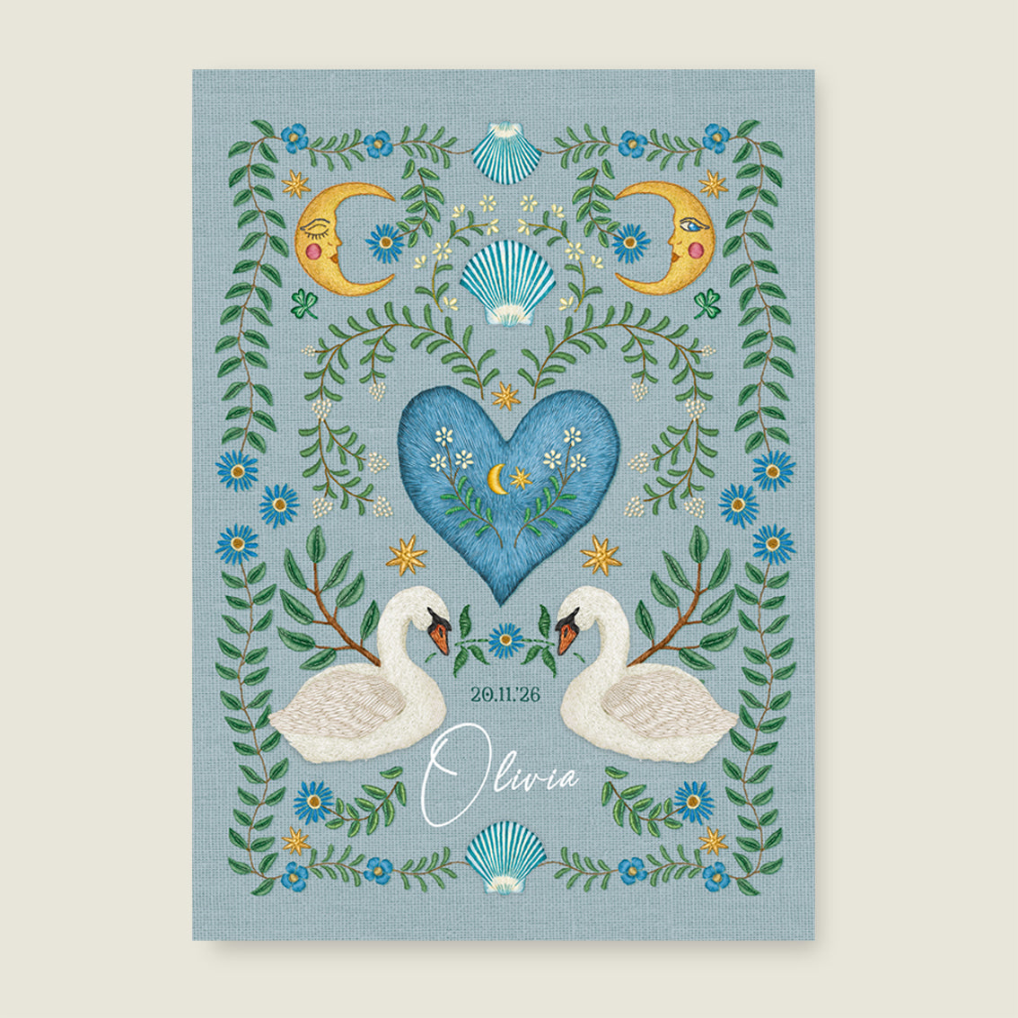 Print Embroider swan heart blue