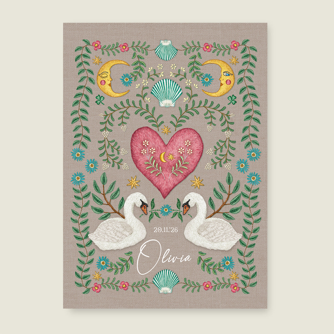 Print Embroider swan heart khaki