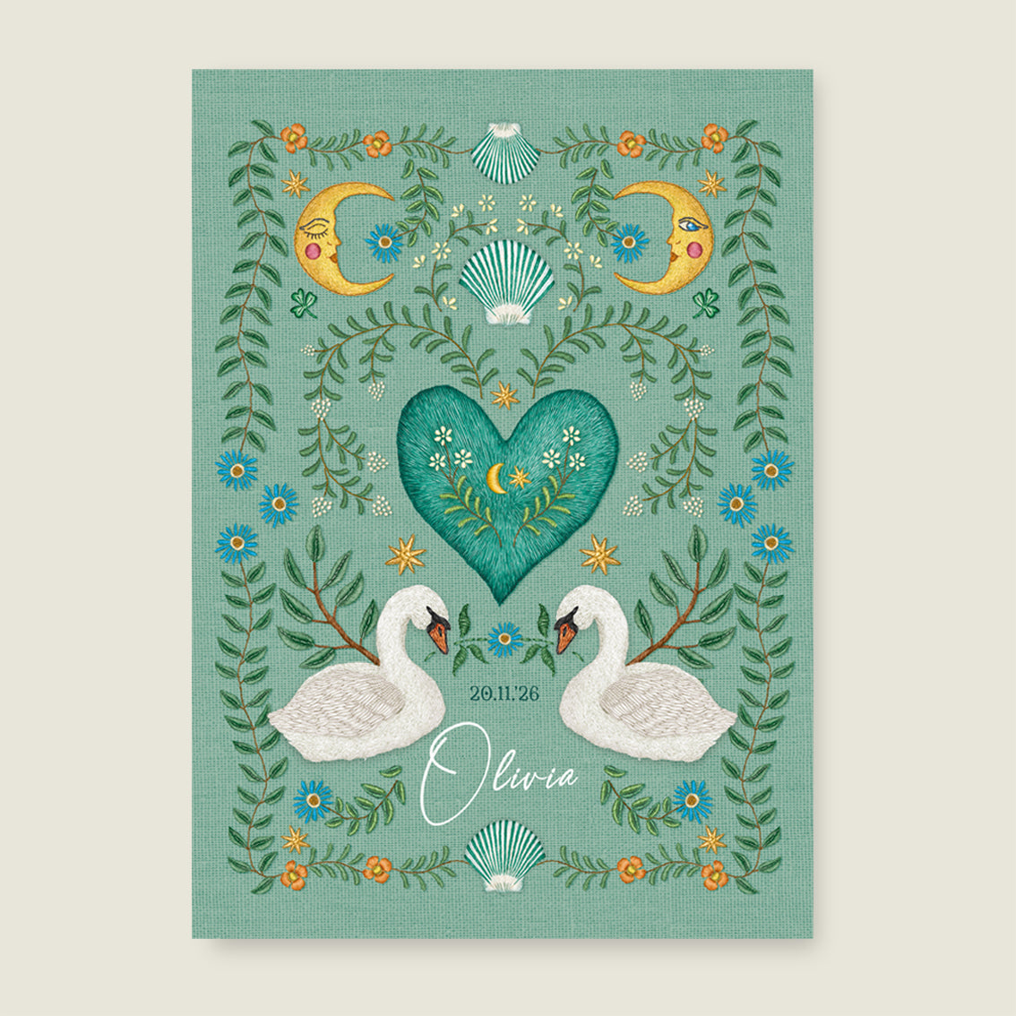 Print Embroider swan heart light green
