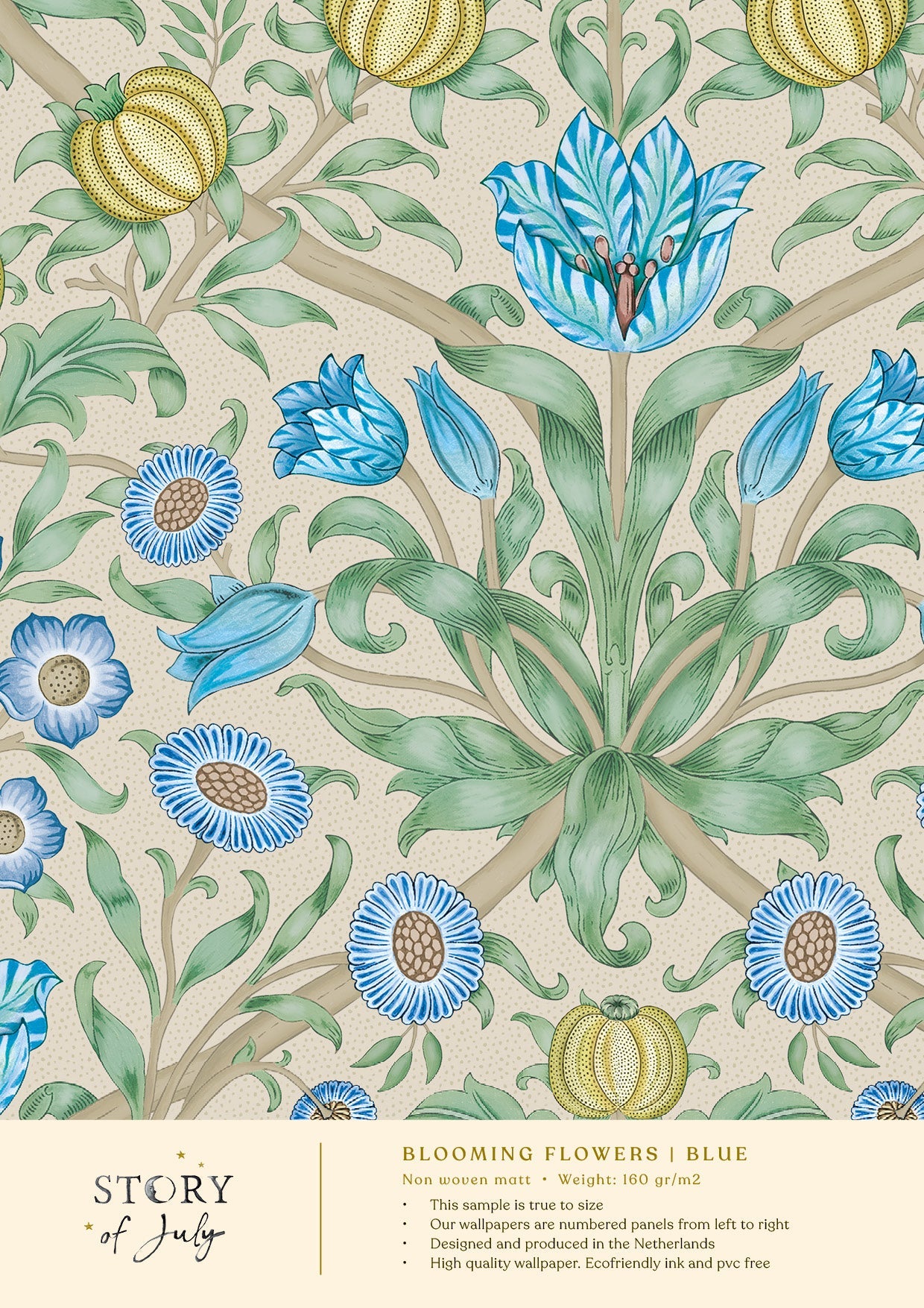 Behangsample Blooming Flowers Blue - Story of July