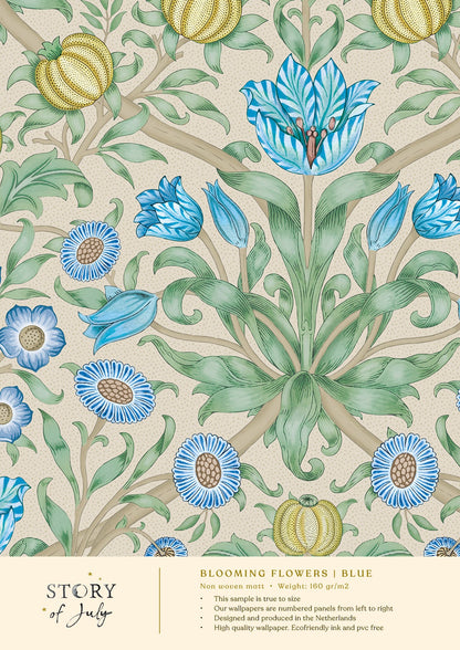 Behangsample Blooming Flowers Blue - Story of July