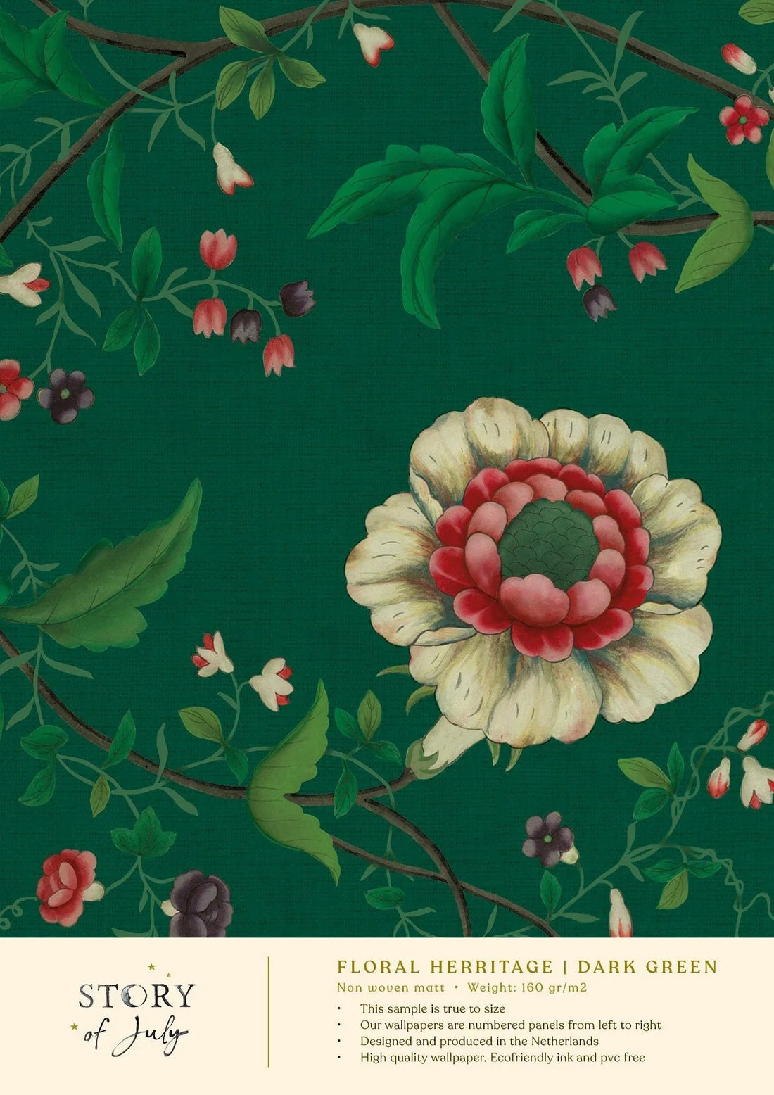 Behangsample Floral Heritage Darkgreen - Story of July