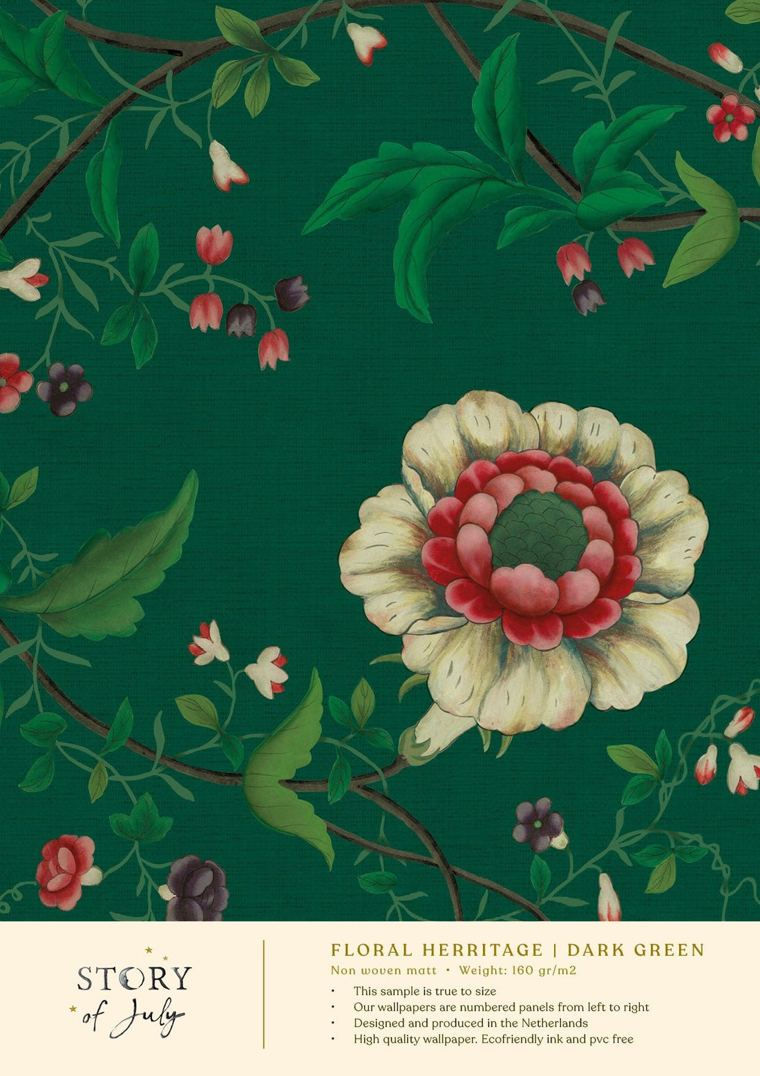 Behangsample Floral Heritage Darkgreen - Story of July