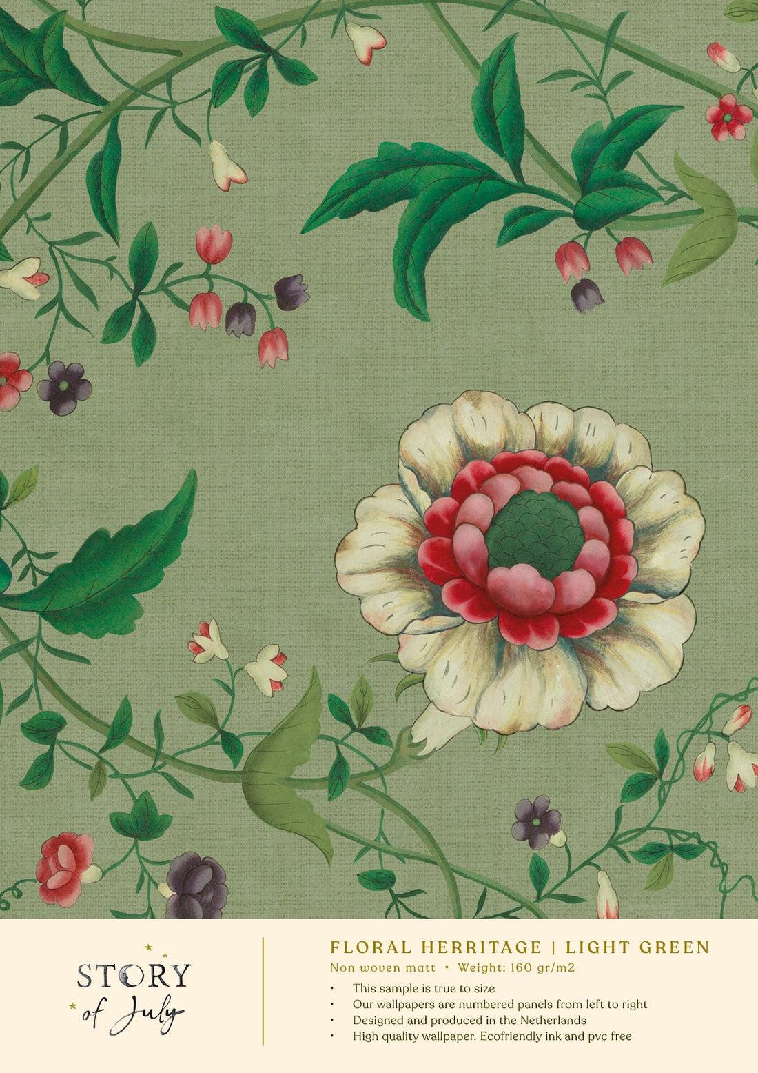 Behangsample Floral Heritage Lightgreen - Story of July