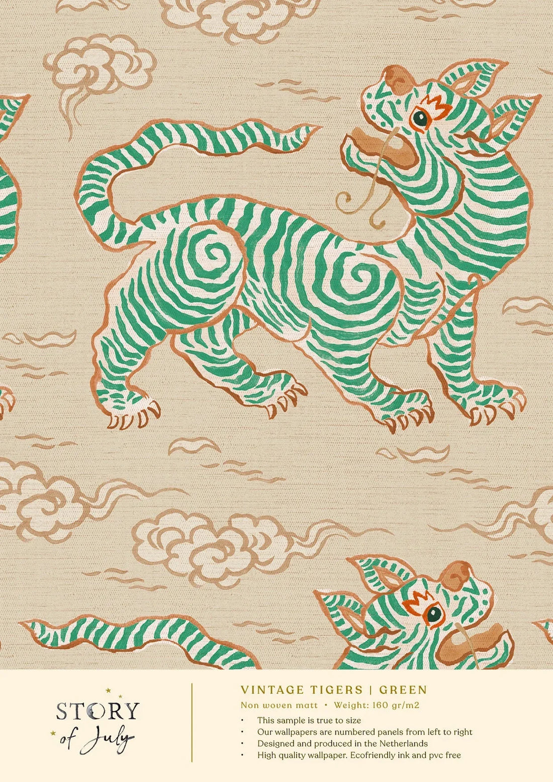 Behangsample Vintage Tigers Green - Story of July