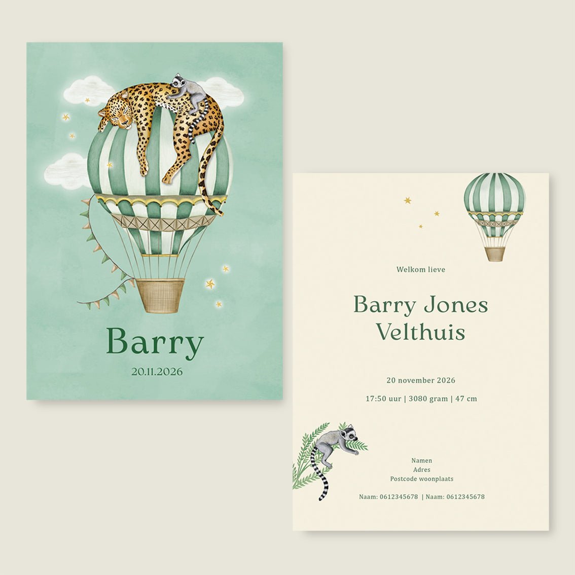 Geboortekaartje Balloon Panter Green - Story of July