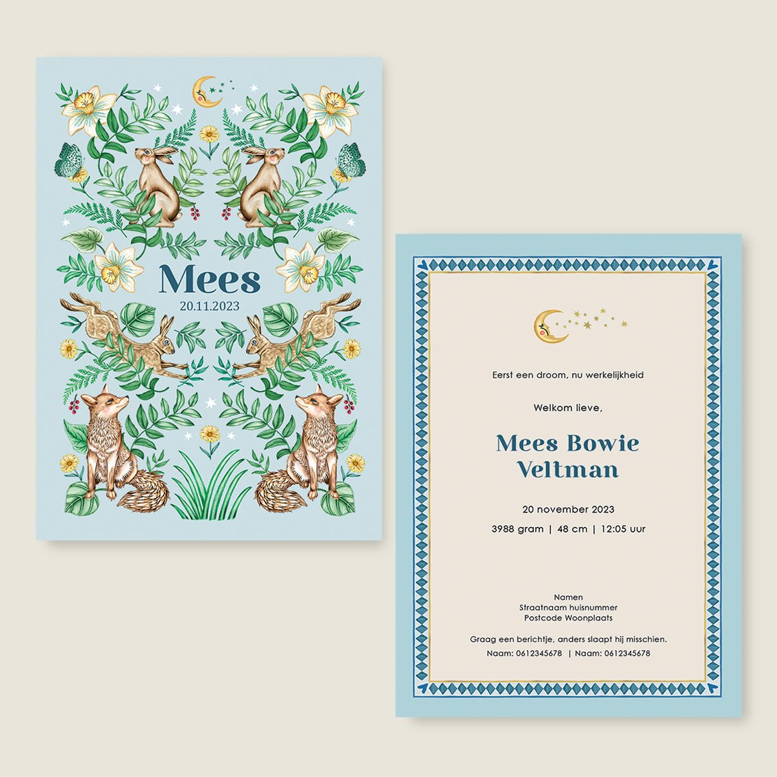 Geboortekaartje Bos Dieren Light Blue - Story of July