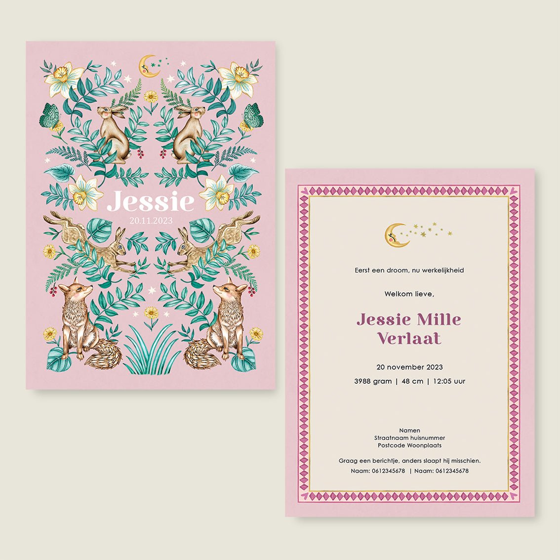 Geboortekaartje Bos Dieren Pink - Story of July