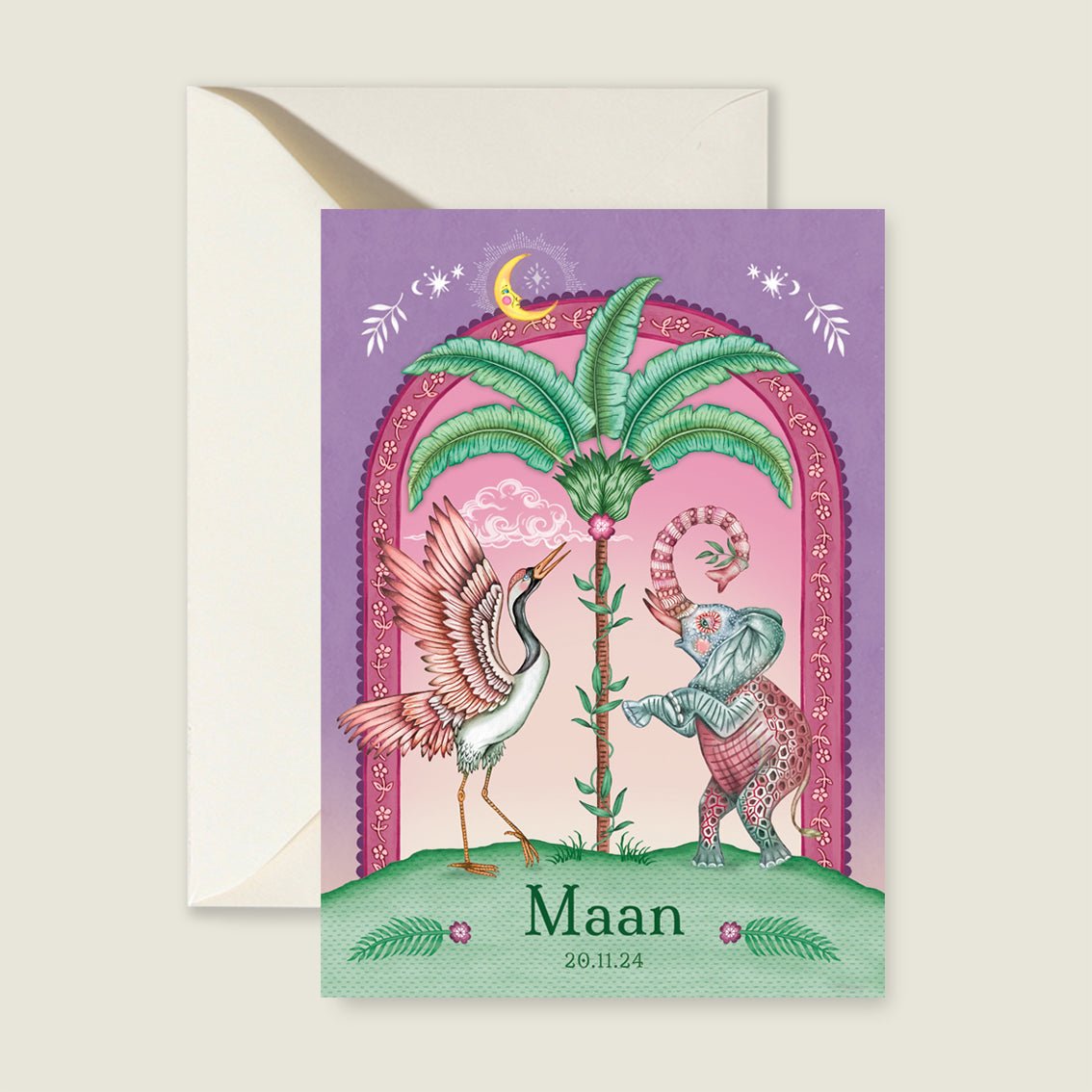 Geboortekaartje Crane Bird And The Elephant Paars - Story of July