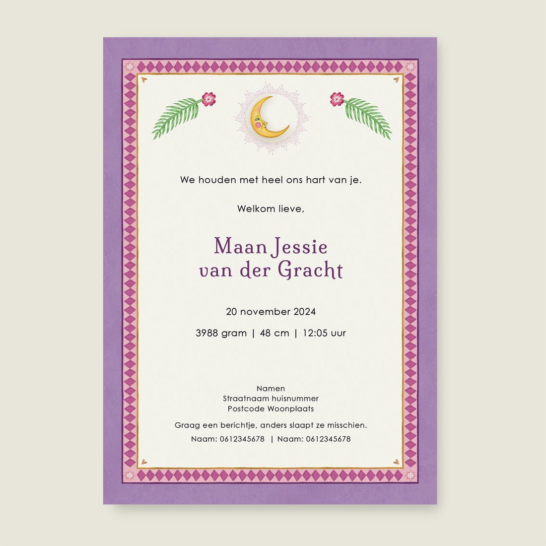 Geboortekaartje Crane Bird And The Elephant Paars - Story of July