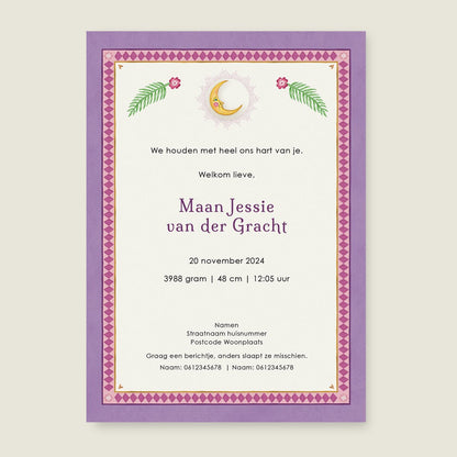 Geboortekaartje Crane Bird And The Elephant Paars - Story of July