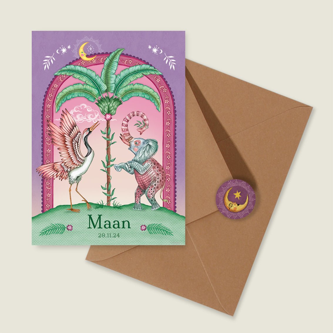 Geboortekaartje Crane Bird And The Elephant Paars - Story of July