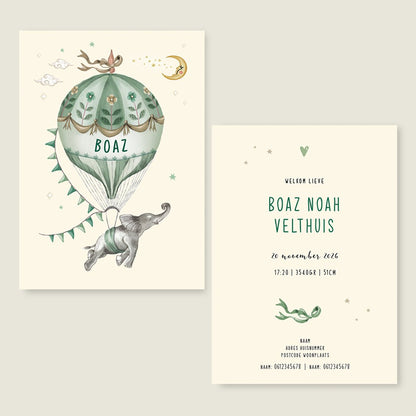 Geboortekaartje Elephant Balloon Green - Story of July
