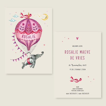 Geboortekaartje Elephant Balloon Lila - Story of July