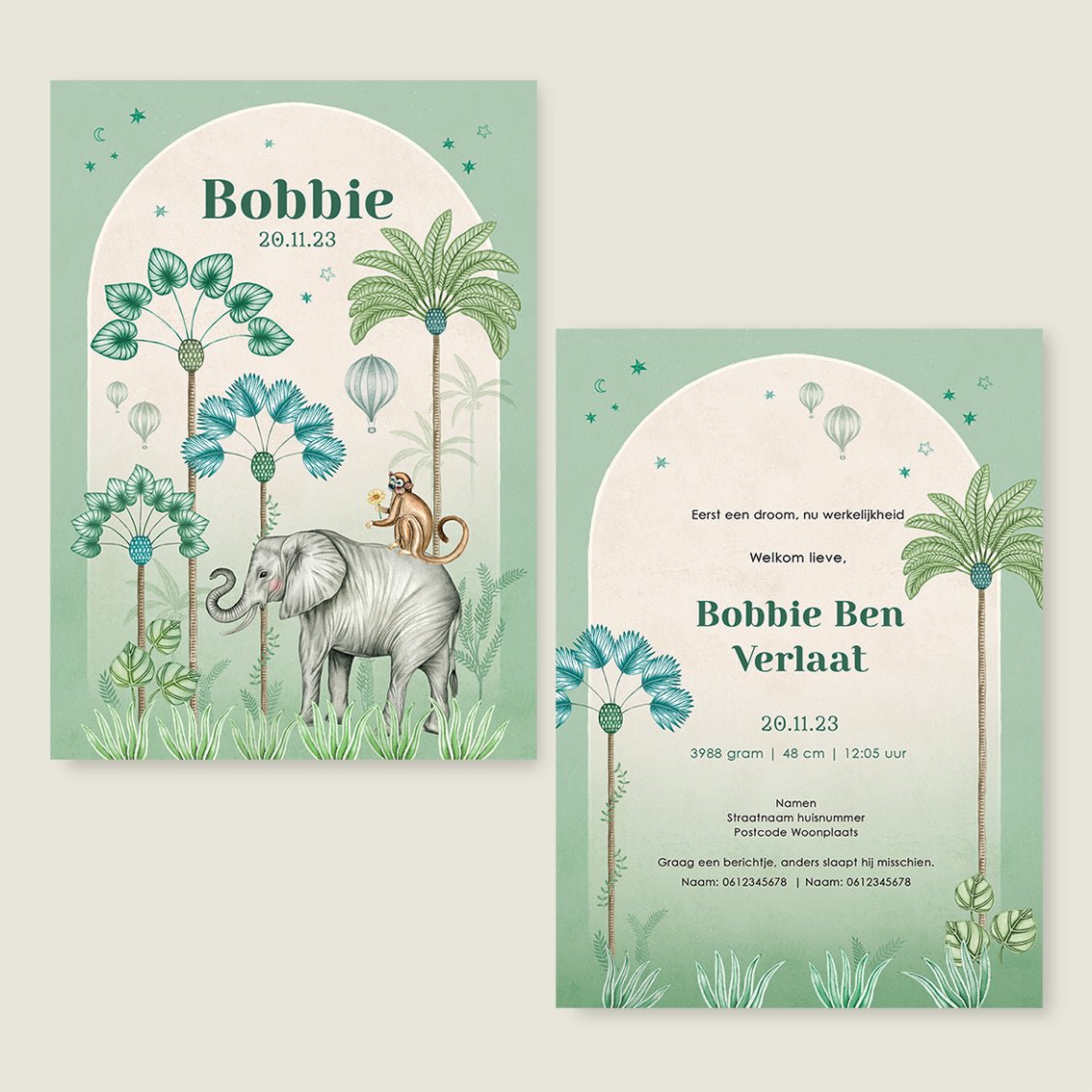 Geboortekaartje Elephant Palms Green - Story of July