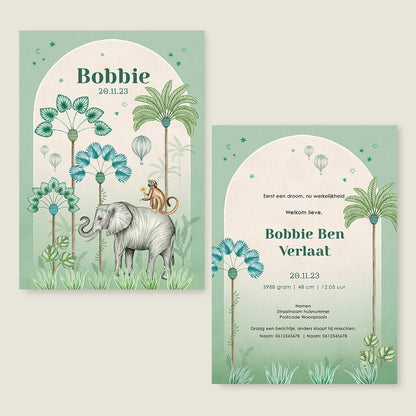 Geboortekaartje Elephant Palms Green - Story of July