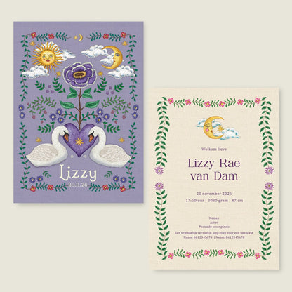 Geboortekaartje Embroider Flower Swan Lila - Story of July