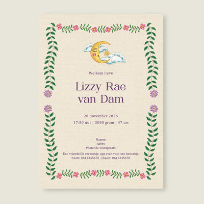 Geboortekaartje Embroider Flower Swan Lila - Story of July