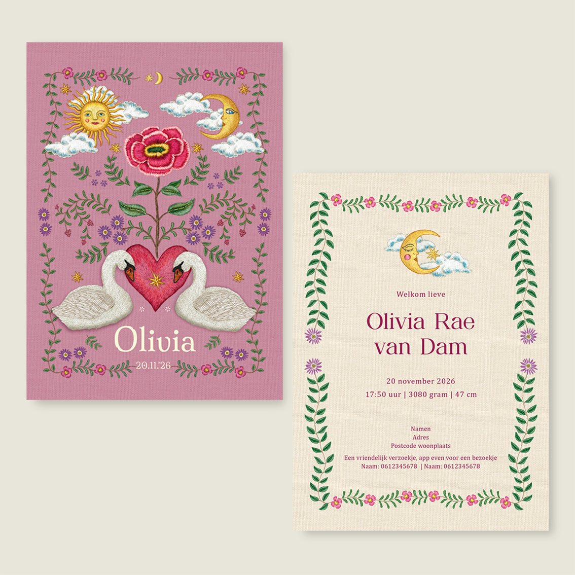 Geboortekaartje Embroider Flower Swan Pink - Story of July