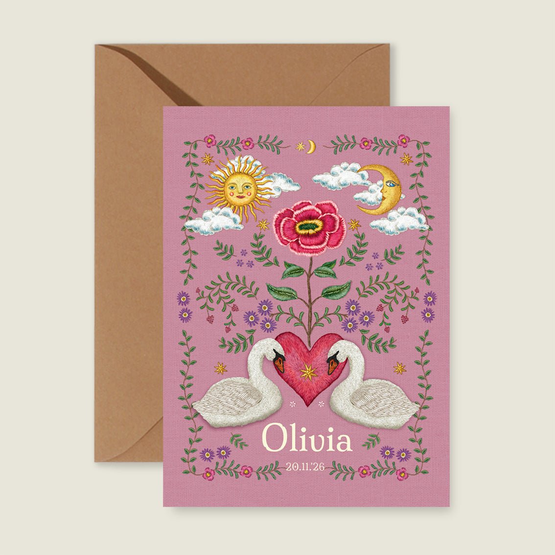 Geboortekaartje Embroider Flower Swan Pink - Story of July