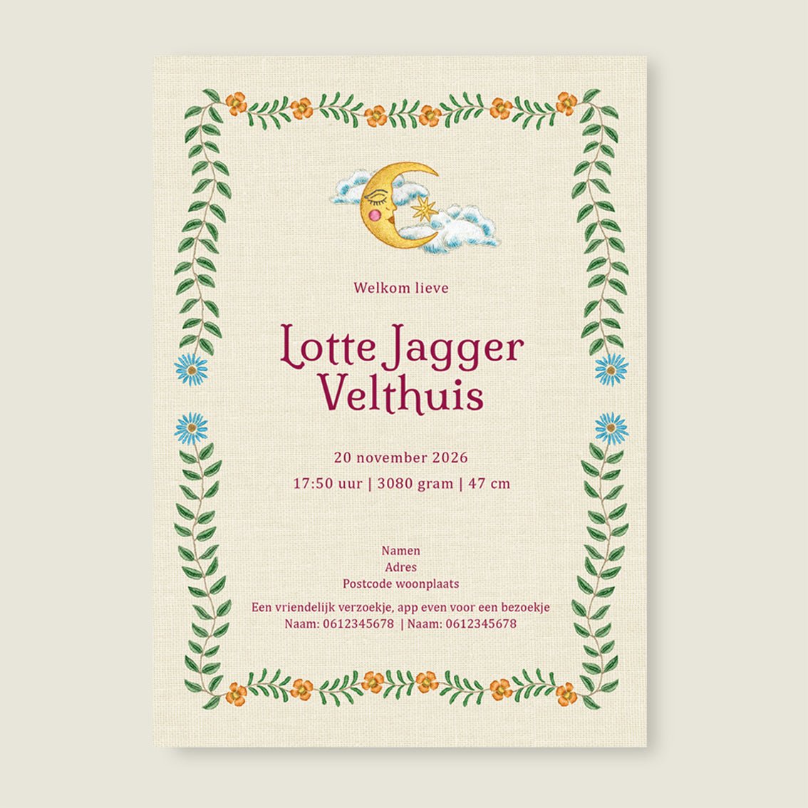 Geboortekaartje Embroider Heart Offwhite - Story of July