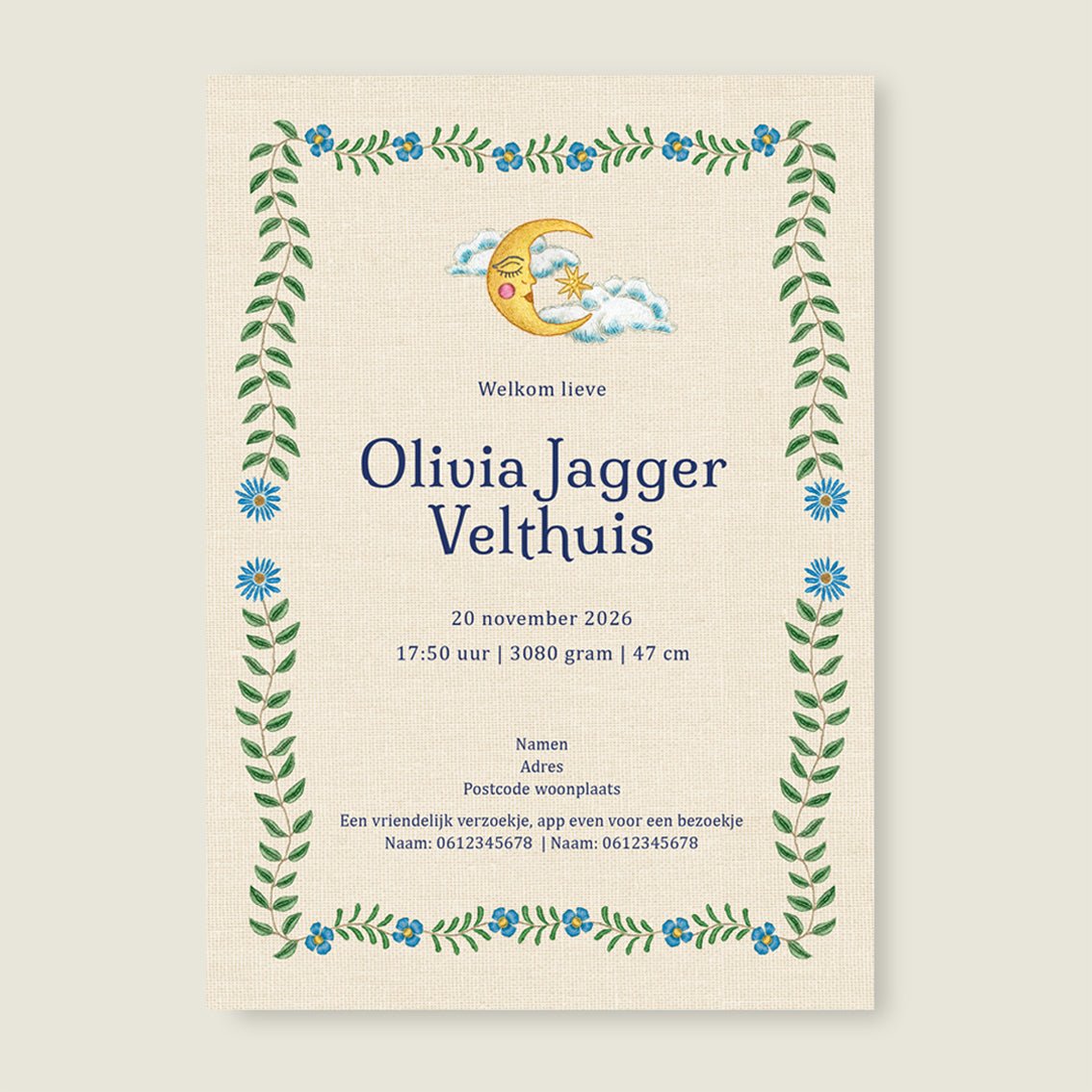 Geboortekaartje Embroider Panter Flower Blue - Story of July