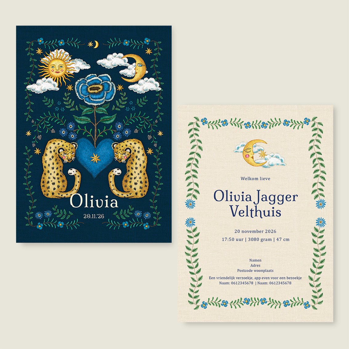 Geboortekaartje Embroider Panter Flower Blue - Story of July