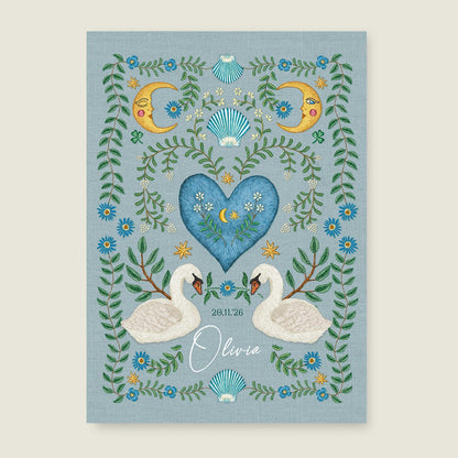 Geboortekaartje Embroider Swan Heart Blue - Story of July