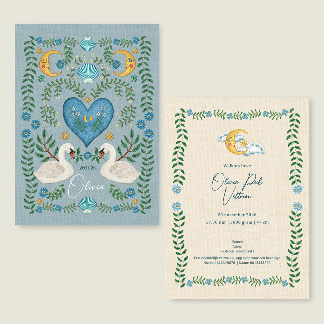 Geboortekaartje Embroider Swan Heart Blue - Story of July