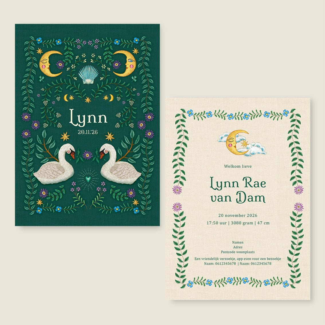 Geboortekaartje Embroider Swan Heart Darkgreen - Story of July