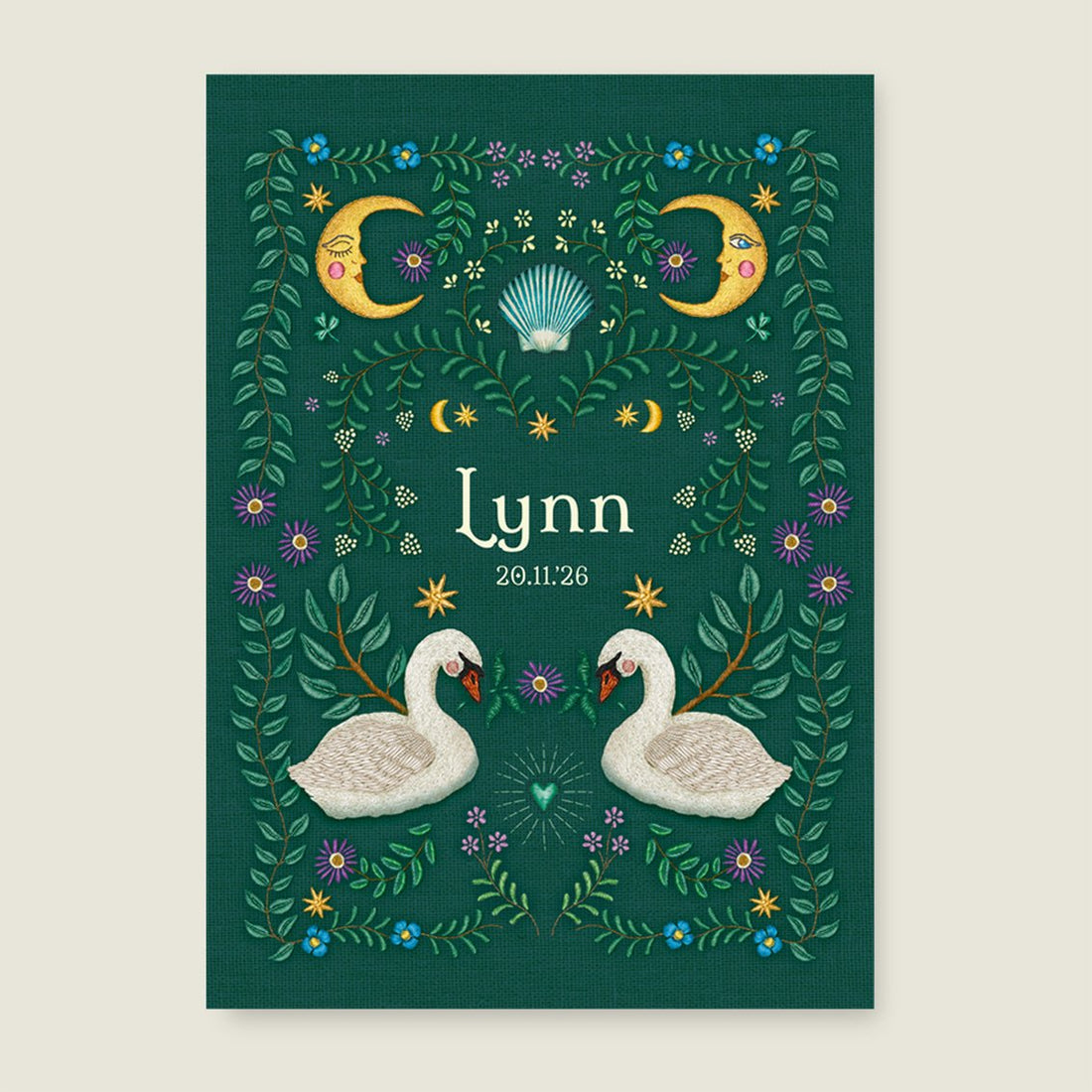 Geboortekaartje Embroider Swan Heart Darkgreen - Story of July