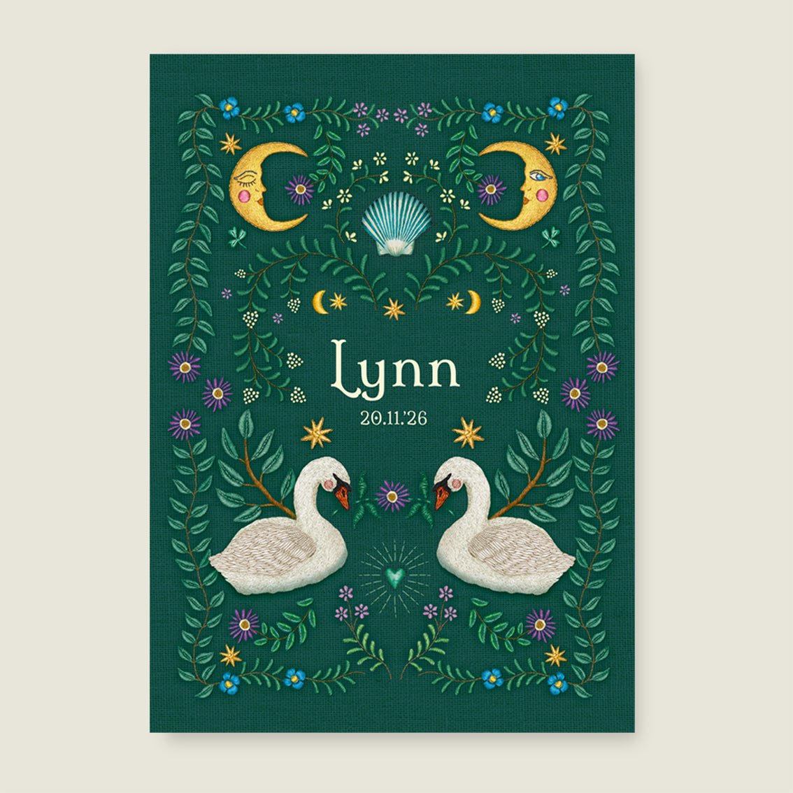 Geboortekaartje Embroider Swan Heart Darkgreen - Story of July