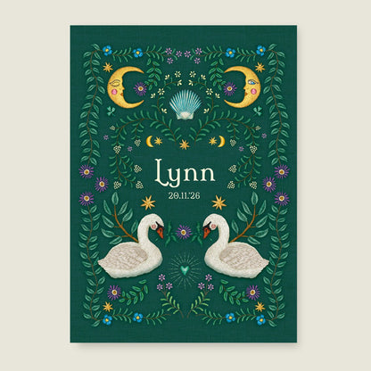 Geboortekaartje Embroider Swan Heart Darkgreen - Story of July
