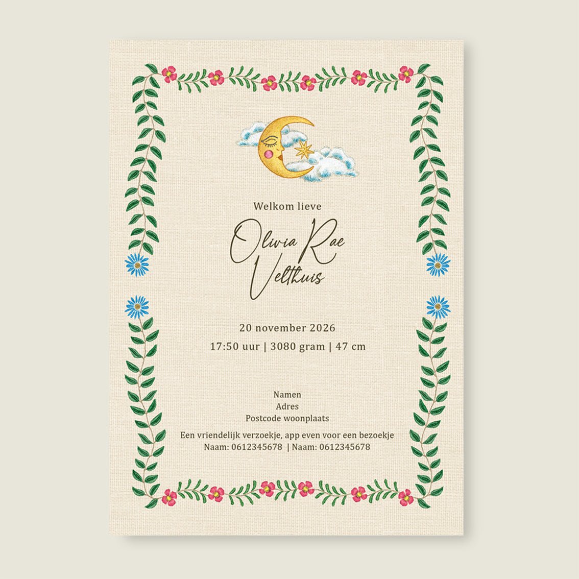 Geboortekaartje Embroider Swan Heart Khaki - Story of July