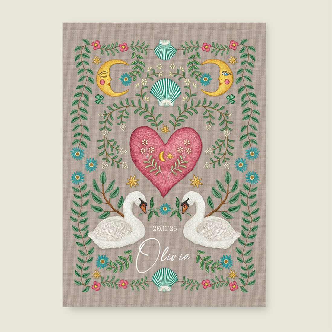Geboortekaartje Embroider Swan Heart Khaki - Story of July