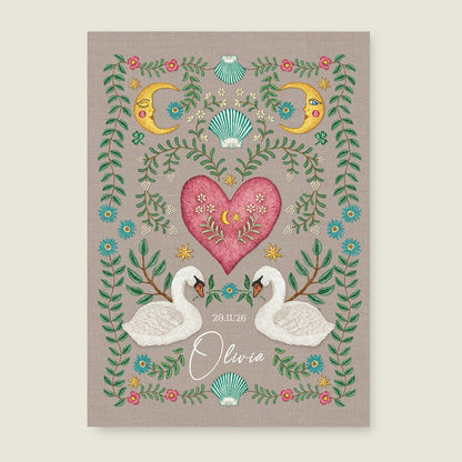 Geboortekaartje Embroider Swan Heart Khaki - Story of July