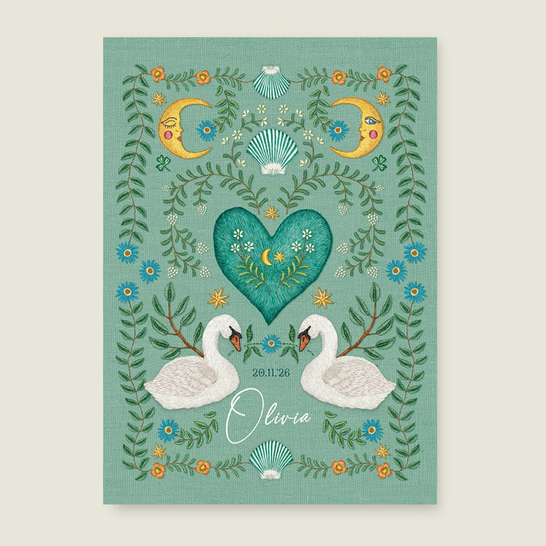 Geboortekaartje Embroider Swan Heart Light Green - Story of July