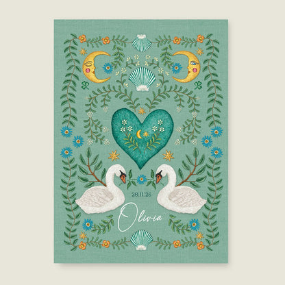 Geboortekaartje Embroider Swan Heart Light Green - Story of July