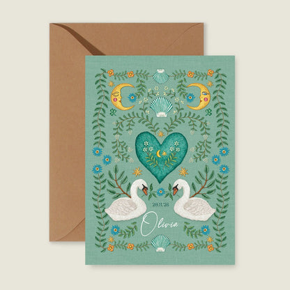 Geboortekaartje Embroider Swan Heart Light Green - Story of July